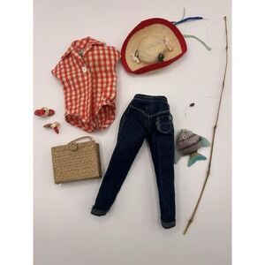 Vintage Barbie Doll Clothes - #967 Picnic Set With Fishing Pole One Shoe